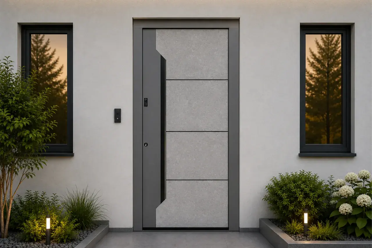 Vhodna vrata Inotherm AGE 1027 z betonsko površino in aluminijastim okvirjem