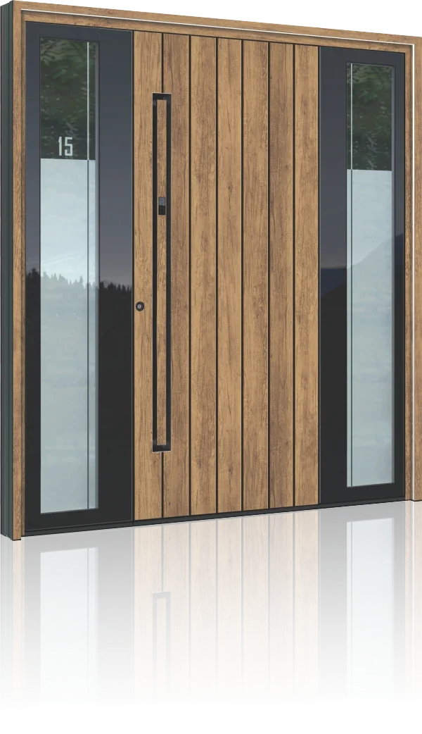 Inotherm Premium – aluminijasta vhodna vrata s poravnanim krilom in stranskimi steklenimi elementi, primer PTE 1050