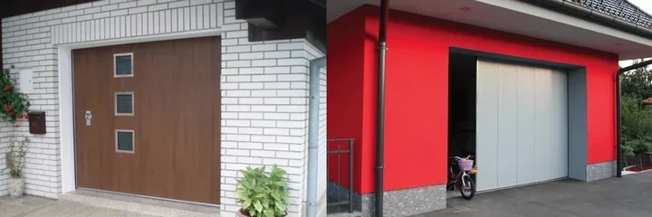 Dva produktna prikaza stranskih garažnih vrat v lesnem in svetlem dekorju